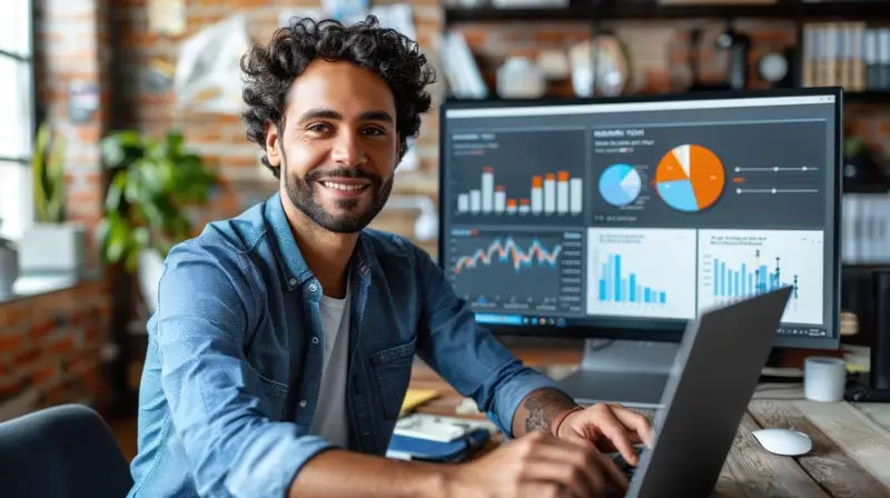 Hispanic-looking man in his 30s sitting at a desk working on a computer with a monitor showing the results from R54Media's Local Lead Machine
