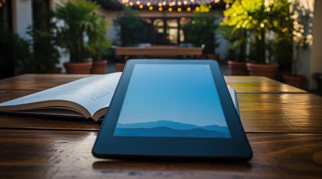 tablet computer laying on an open book in a central garden displaying digital punlishing