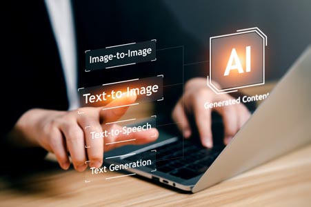 What are digital AI publications? AI, Artificial Intelligence, AI generated content Concept. Artist Man using AI Art to generate image content. Text to image command prompt generates, technology Business, futuristic transformation.