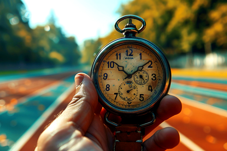 Now is the time to use R54Media! A hand holds a vintage-style pocket watch in a blurred outdoor setting. The watch has a metallic case and an aged face with traditional numerals and hands, suggesting a timeless aesthetic. The background is softly focused, revealing muted tones of an athletic track and foliage, providing a sense of depth. The composition and subdued color palette create a contemplative mood, suitable for themes of time, nostalgia, or personal reflection. The image could be used for illustrating concepts related to deadlines, schedules, or historical themes.
