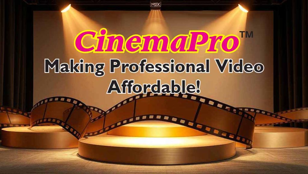 A strip of camera film running across a round golden base with spotlights highlighting the title "CinemaPro"