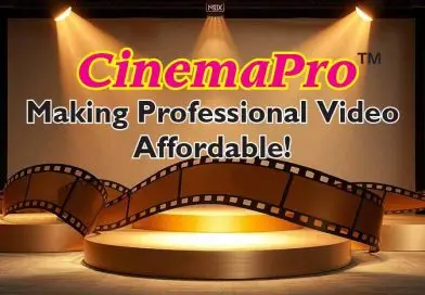 A strip of camera film running across a round golden base with spotlights highlighting the title "CinemaPro"