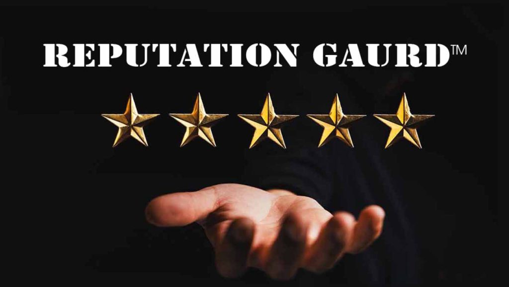 A hand holding five gold stars with the title "Reputation Guard" above it on a black background