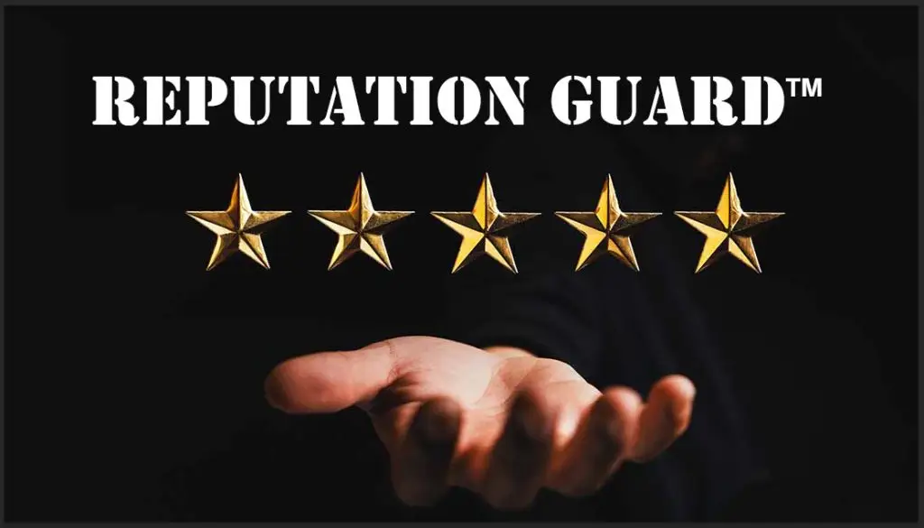 A hand extending forward with the title "Reputation Guard" above it with a black background