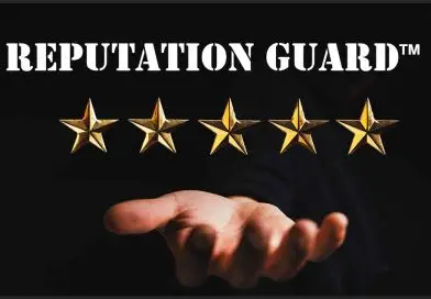 A hand extending forward with the title "Reputation Guard" above it with a black background