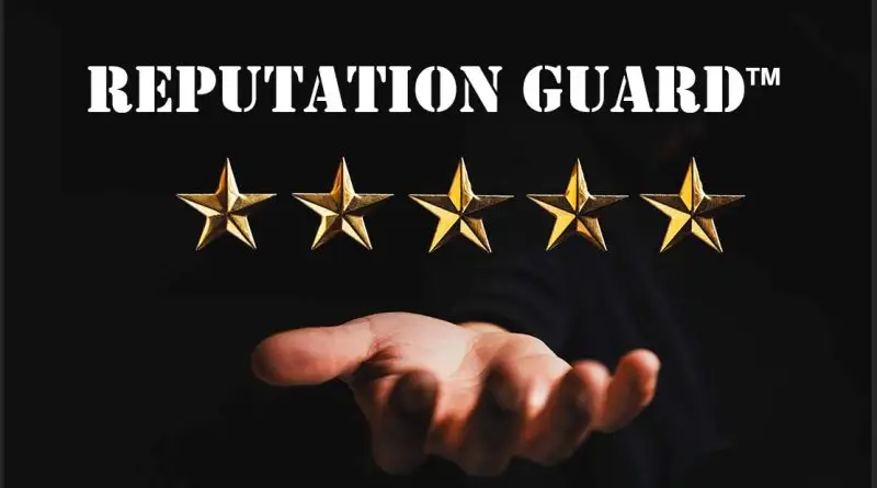 A hand extending forward with the title "Reputation Guard" above it with a black background