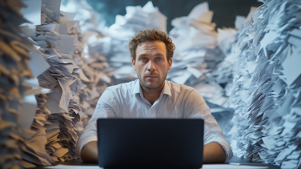 Business owner overwhelmed by missed calls, sticky notes, and customer follow-up tasks before CRM automation management.