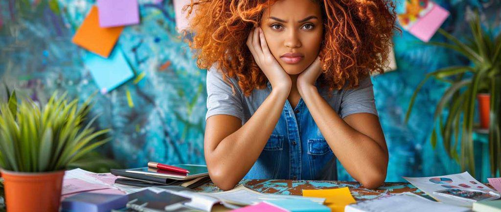 A messy desk with paper notes, missed call alerts, open inboxes, and scattered reminders