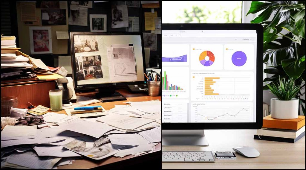 Before and after CRM automation management showing messy manual systems replaced by organized workflow automation for small business.