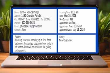 AI customer relationship system tracking a local service lead from initial contact through appointment and completed service.