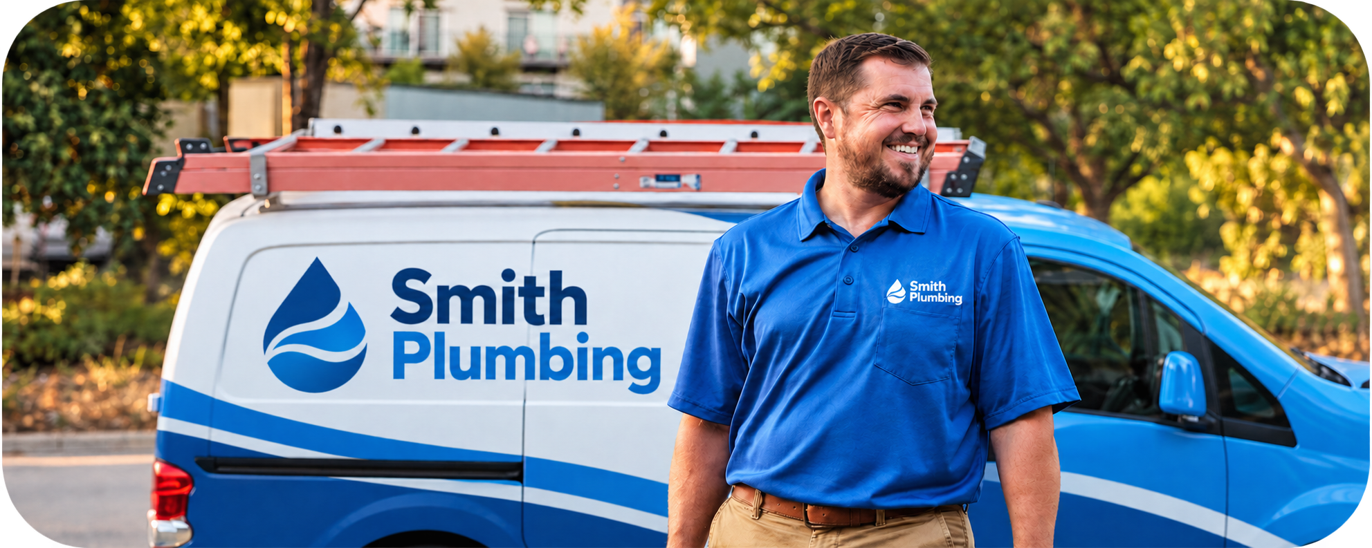 Smiling Smith Plumbing business owner standing beside a branded service van, representing local service businesses.