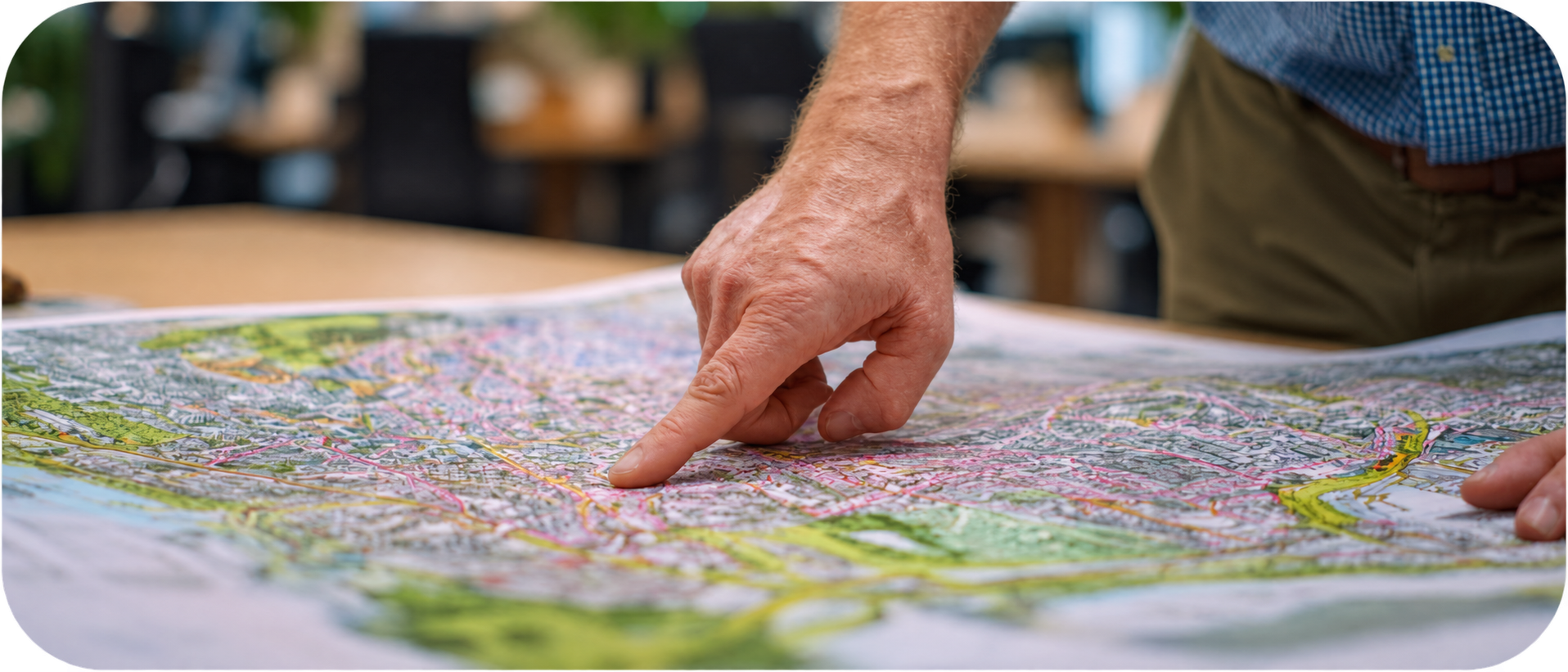 Person pointing to a location on a detailed map, illustrating exclusive service territory selection for local businesses.