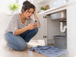 Homeowner using her smartphone to find a plumber after discovering a leaking kitchen sink.