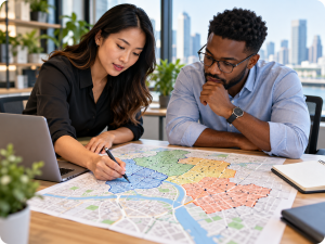 Business professionals reviewing a geographic map with highlighted service areas representing exclusive territories.