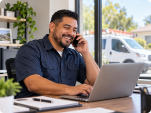 Home service contractor speaking with a customer by phone while working at his laptop.