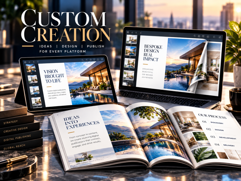 Custom digital publishing services for creating product catalogs, company profiles, reports, and magazines.