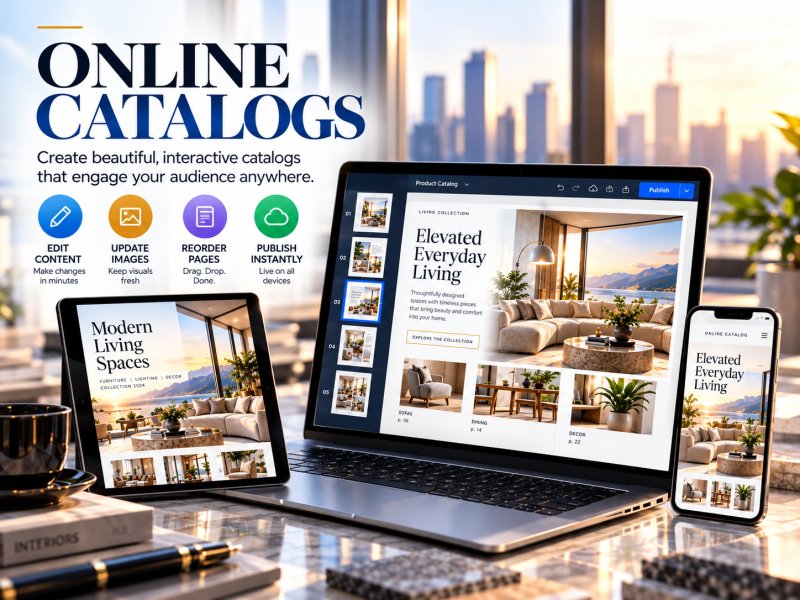 Digital product catalog displaying organized products and information that can be updated without reprinting.