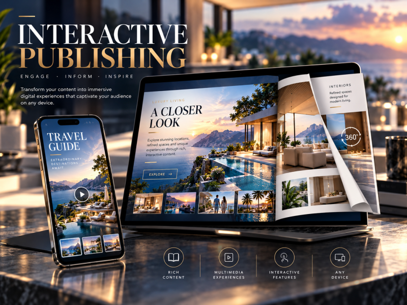 Interactive digital publication illustrating video integration, clickable links, and image galleries.