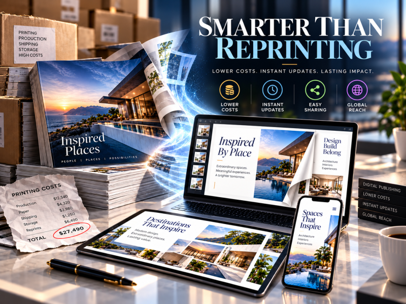 Digital publishing compared with stacks of printed publications to illustrate reduced printing and distribution costs.