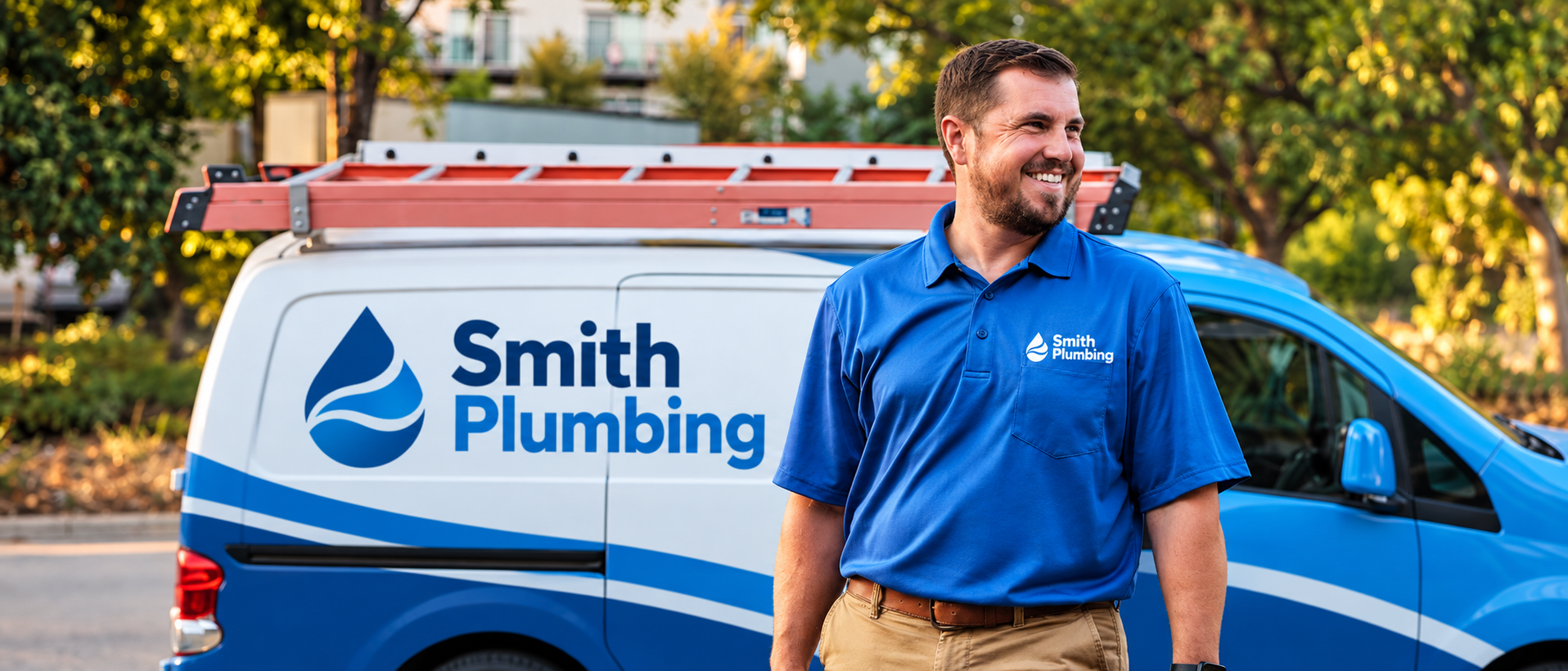 Smiling Smith Plumbing business owner standing beside a branded service van, representing local service businesses.