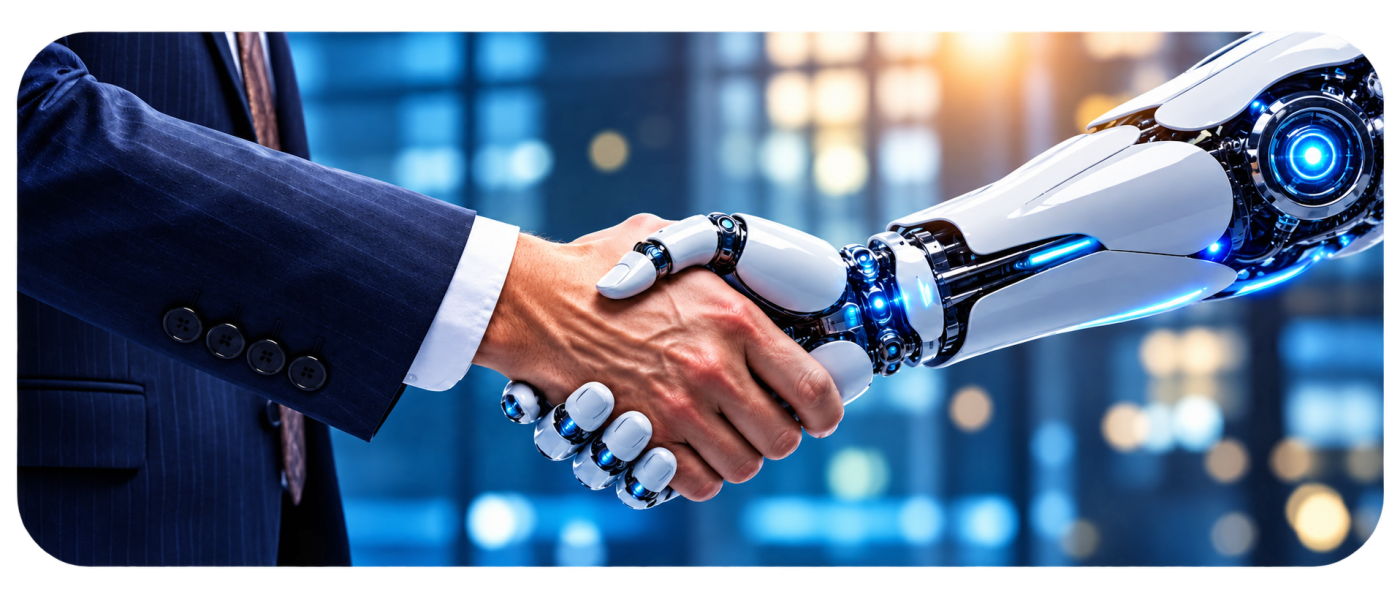Businessperson shaking hands with a robotic AI hand, representing artificial intelligence working with local service businesses.