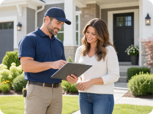 Home service professional reviewing appointment information with a homeowner outside her house.