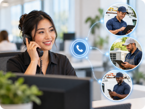 Customer service representative handling an incoming call with a visual connection to local service technicians.