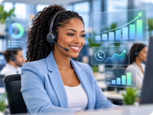 Smiling customer support professional wearing a headset with digital customer activity and performance charts.