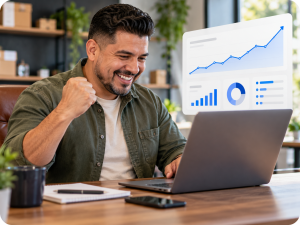 Smiling business owner reviewing positive business activity and growth information on his computer.