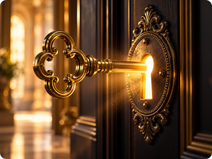 Golden key unlocking a door, symbolizing access to an exclusive business growth opportunity.
