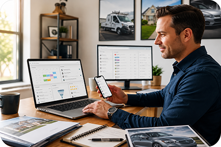 Business owner reviewing customer inquiries and scheduled appointments on a computer in a modern office.