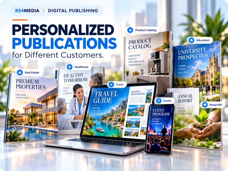Personalized digital publishing services featuring custom catalogs, brochures, educational guides, healthcare publications, and event programs for different audiences.