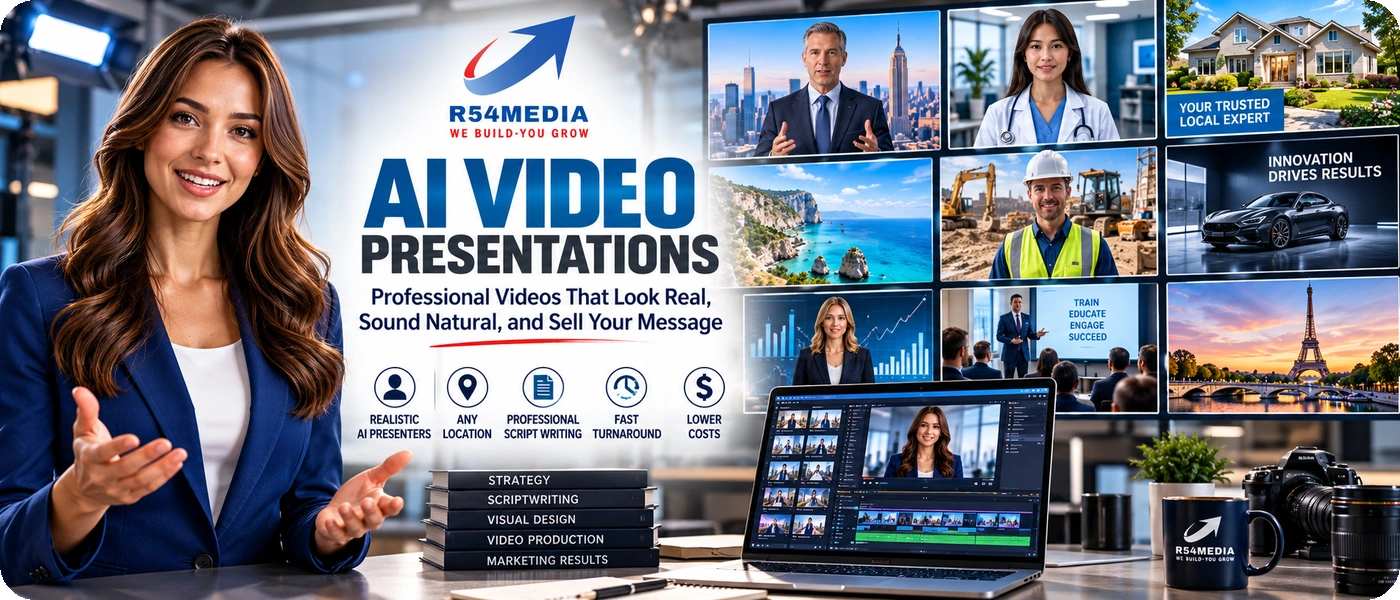 Professional AI video presenter with examples of business presentations, digital video production, and international locations.