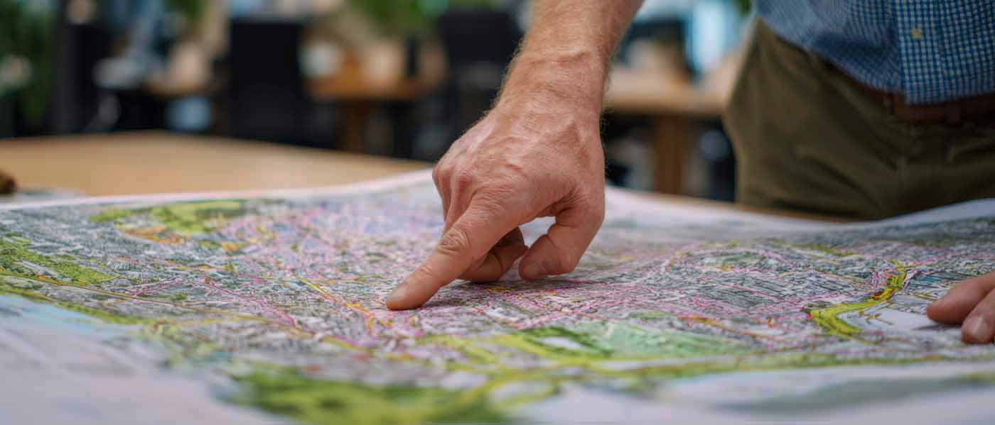 Person pointing to a location on a detailed map, illustrating exclusive service territory selection for local businesses.