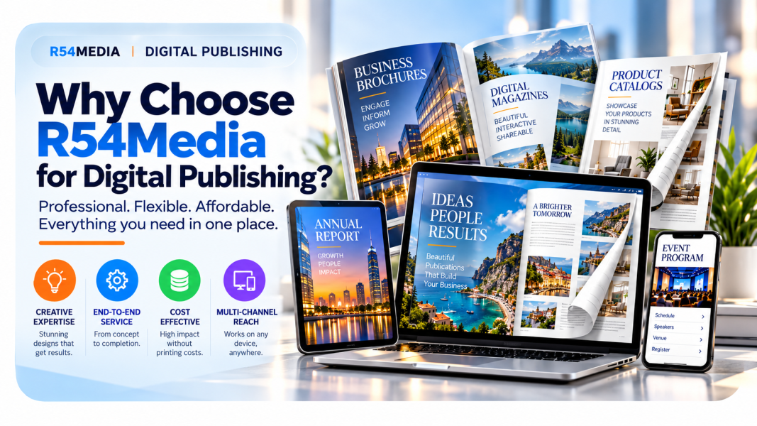 R54Media digital publishing services featuring professional brochures, catalogs, magazines, and reports displayed on multiple devices.