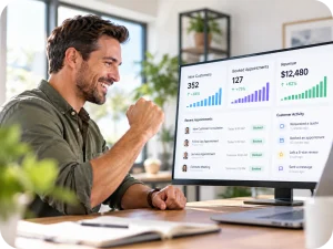 Smiling business owner reviewing positive customer activity and growth results on a computer screen.