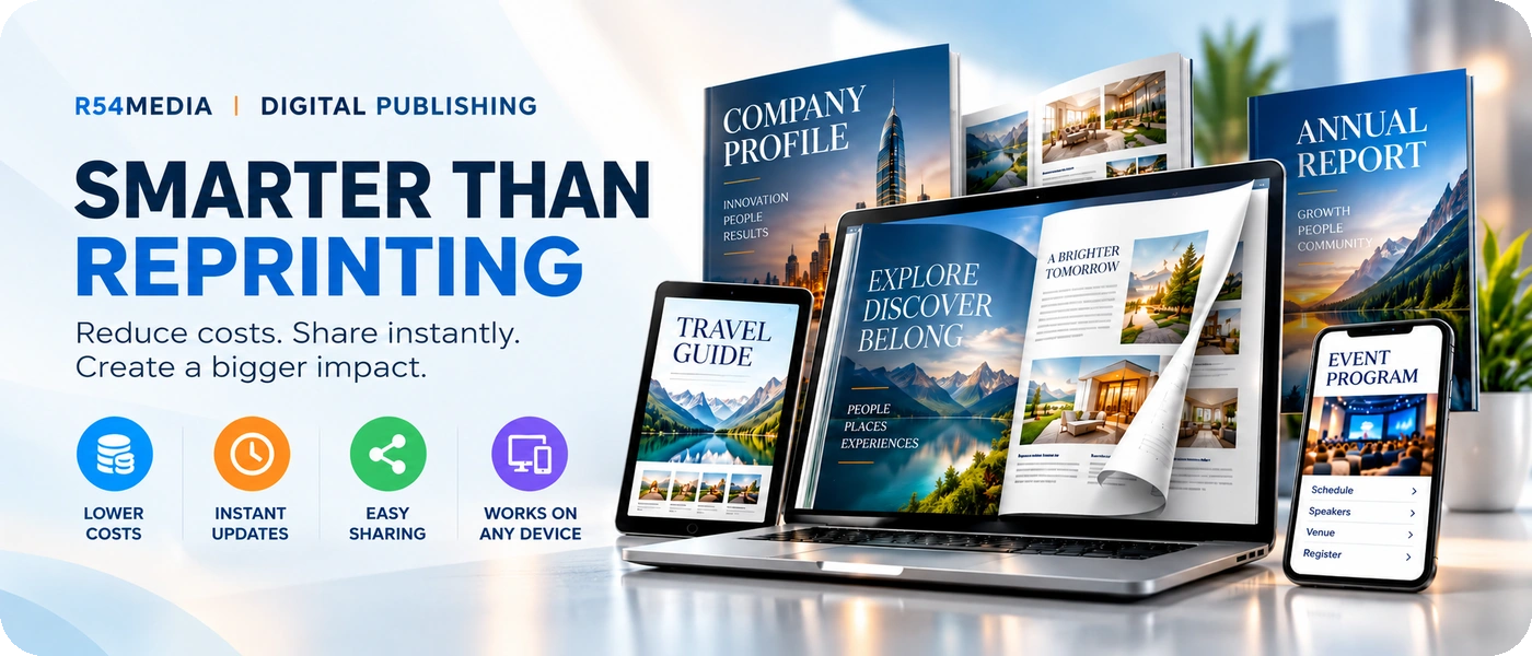 Digital publishing services displayed through professional electronic catalogs and magazines on multiple devices.