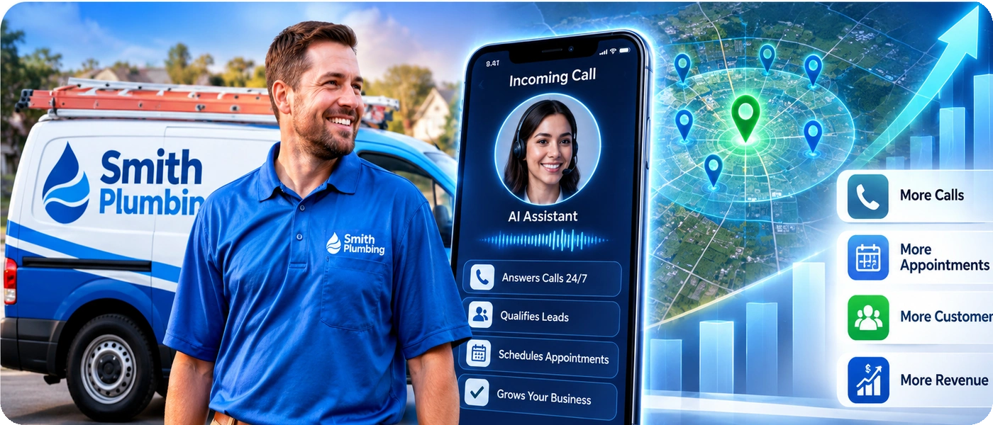 Local Lead Machine showing a plumbing business owner, AI call answering, exclusive territory targeting, appointment scheduling, and business growth.