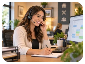 Customer service representative wearing a headset and reviewing customer information on a computer, illustrating AI-assisted customer interactions.
